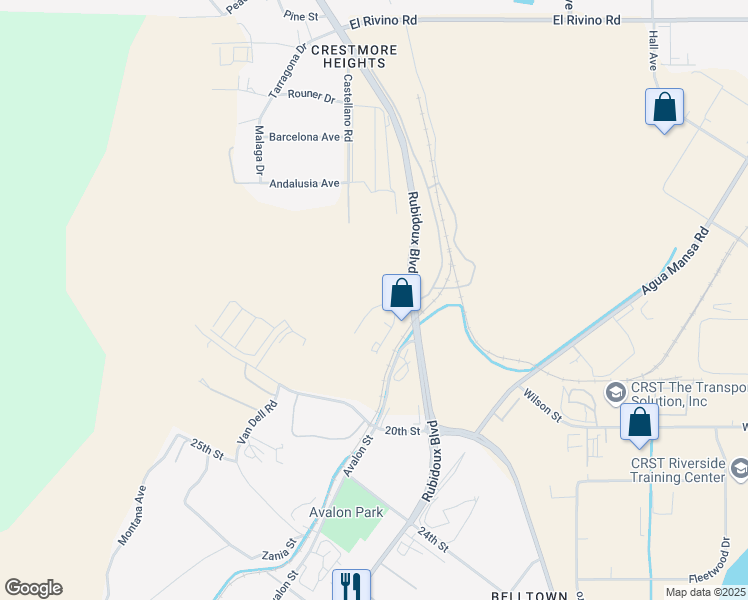 map of restaurants, bars, coffee shops, grocery stores, and more near 1689 Production Circle in Riverside
