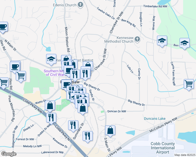 map of restaurants, bars, coffee shops, grocery stores, and more near 2887 Boone Drive in Kennesaw
