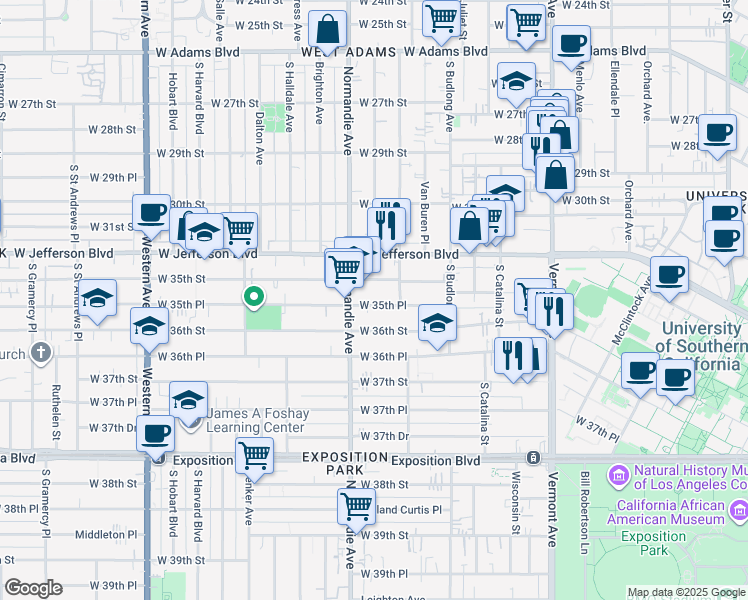 map of restaurants, bars, coffee shops, grocery stores, and more near 1352 West 35th Street in Los Angeles