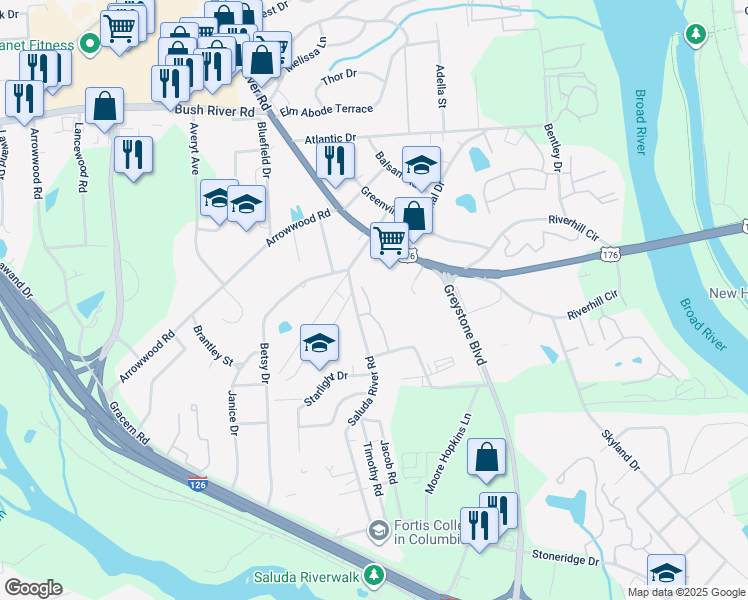 map of restaurants, bars, coffee shops, grocery stores, and more near 200 Saluda River Road in Columbia