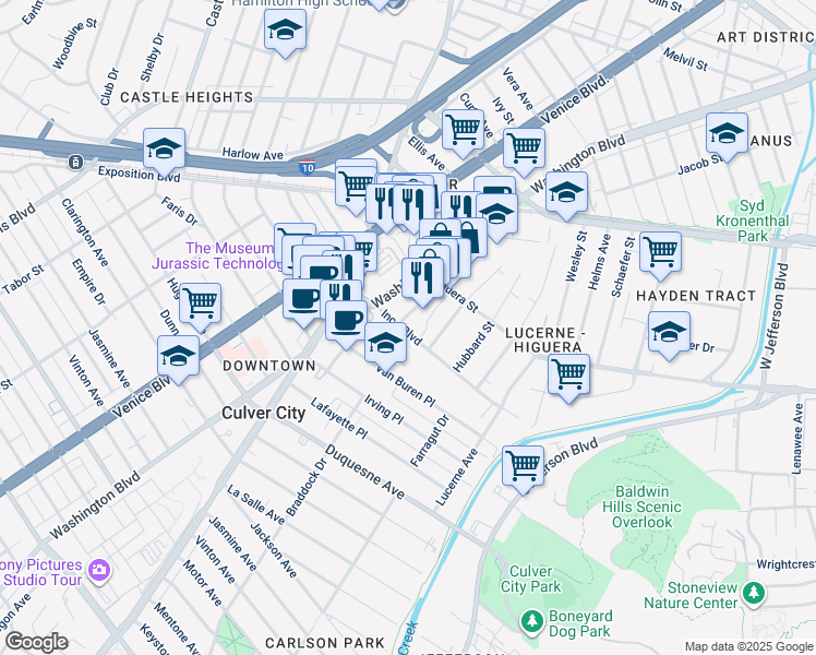 map of restaurants, bars, coffee shops, grocery stores, and more near 9038 Lindblade Street in Culver City