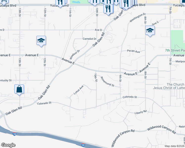 map of restaurants, bars, coffee shops, grocery stores, and more near 33302 Golden Meadow Court in Yucaipa