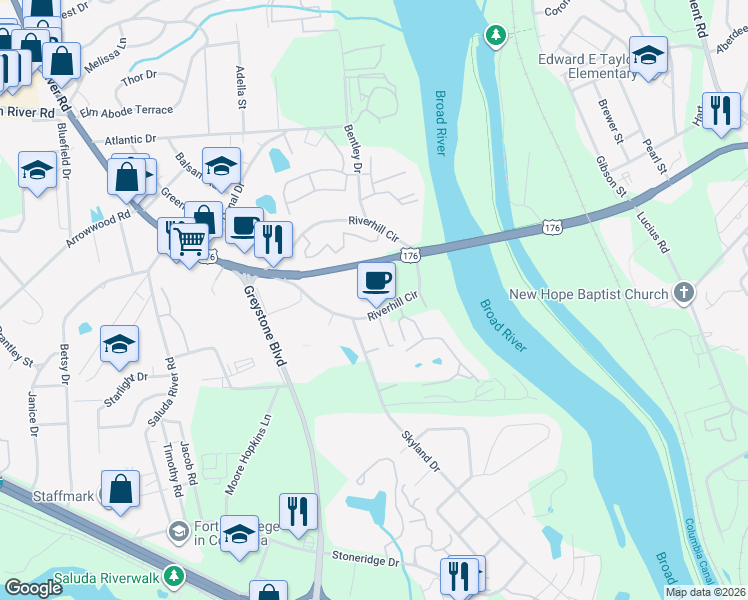 map of restaurants, bars, coffee shops, grocery stores, and more near 655 Broad River Road in Columbia