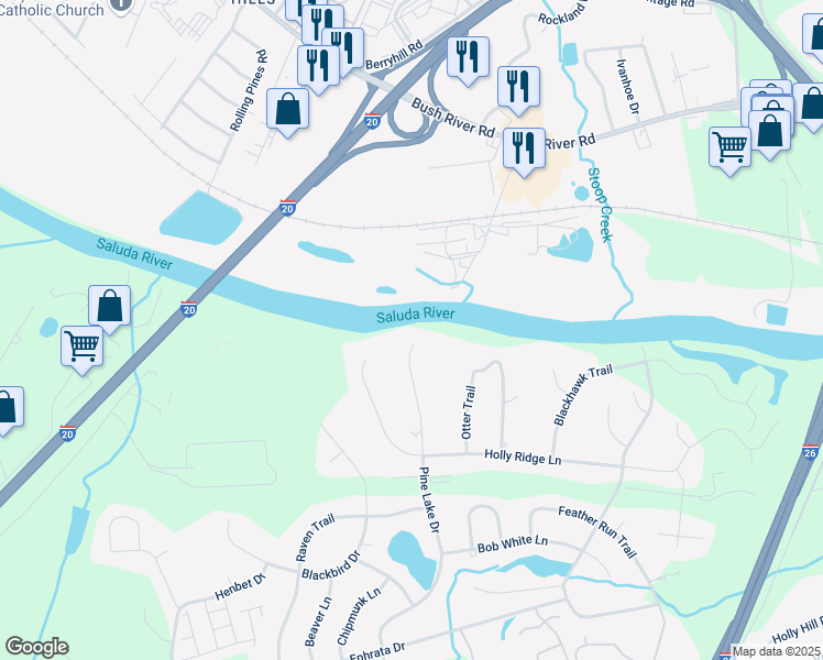 map of restaurants, bars, coffee shops, grocery stores, and more near 2645 Pine Lake Dr in West Columbia