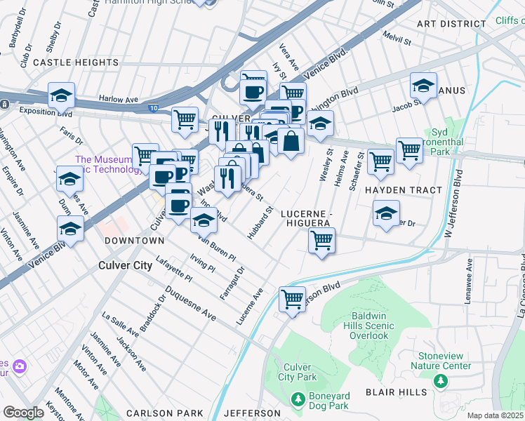 map of restaurants, bars, coffee shops, grocery stores, and more near 9015 Hubbard Street in Culver City