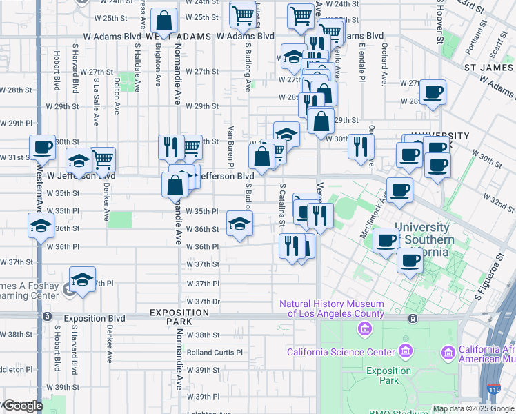 map of restaurants, bars, coffee shops, grocery stores, and more near 1224 West 35th Street in Los Angeles