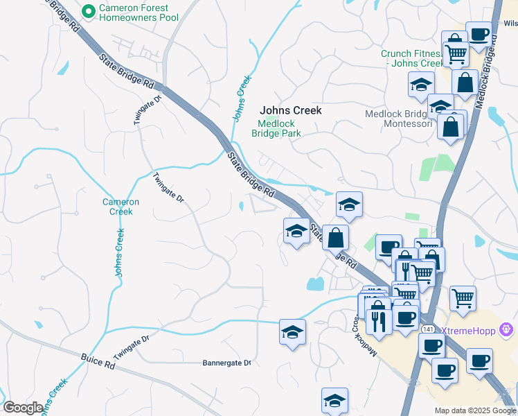 map of restaurants, bars, coffee shops, grocery stores, and more near 9872 Cameron Parc Circle in Alpharetta