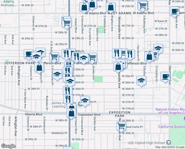 map of restaurants, bars, coffee shops, grocery stores, and more near 1557 1/2 West 35th Place in Los Angeles