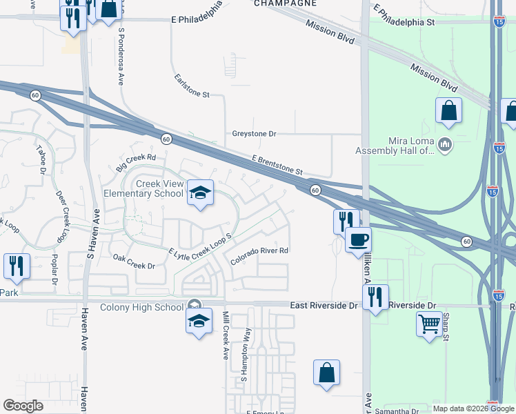map of restaurants, bars, coffee shops, grocery stores, and more near 3888 Owens River Lane in Ontario