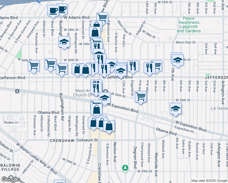 map of restaurants, bars, coffee shops, grocery stores, and more near 3506 South Bronson Avenue in Los Angeles