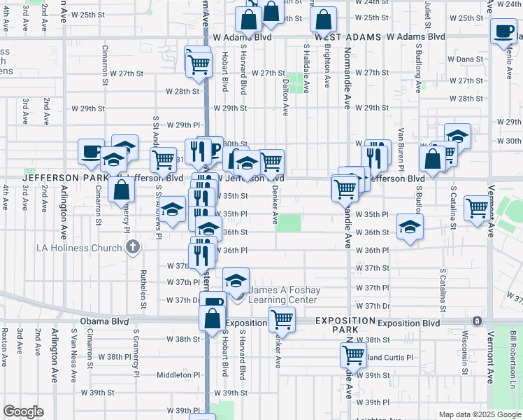 map of restaurants, bars, coffee shops, grocery stores, and more near 1583 West 35th Place in Los Angeles