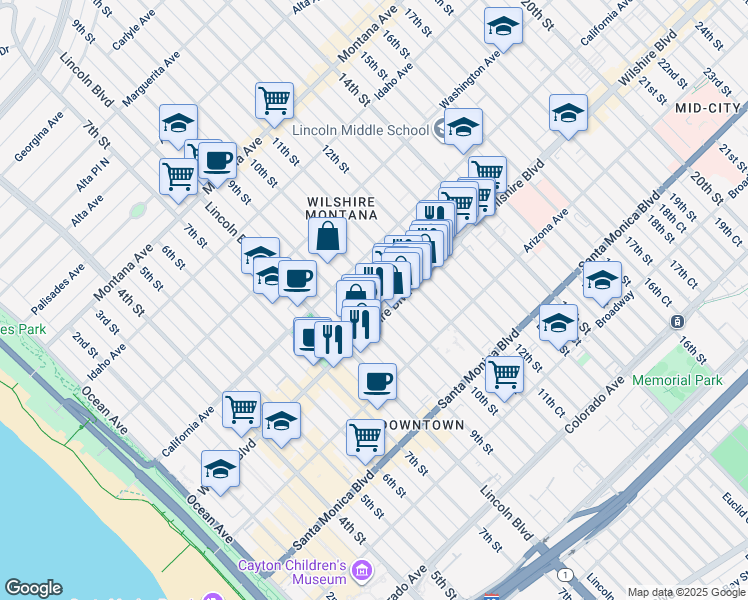 map of restaurants, bars, coffee shops, grocery stores, and more near in Santa Monica