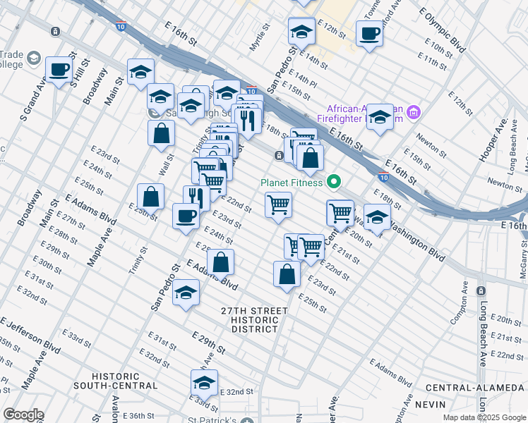 map of restaurants, bars, coffee shops, grocery stores, and more near 953 East 22nd Street in Los Angeles