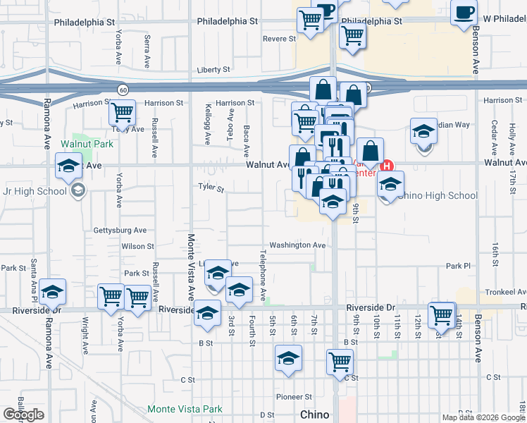 map of restaurants, bars, coffee shops, grocery stores, and more near Telephone Avenue & Franklin Court in Chino