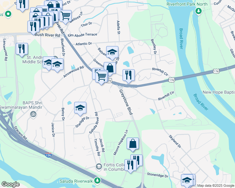 map of restaurants, bars, coffee shops, grocery stores, and more near 101 Greystone Boulevard in Columbia
