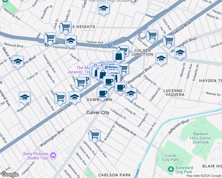 map of restaurants, bars, coffee shops, grocery stores, and more near 9453 Culver Boulevard in Culver City
