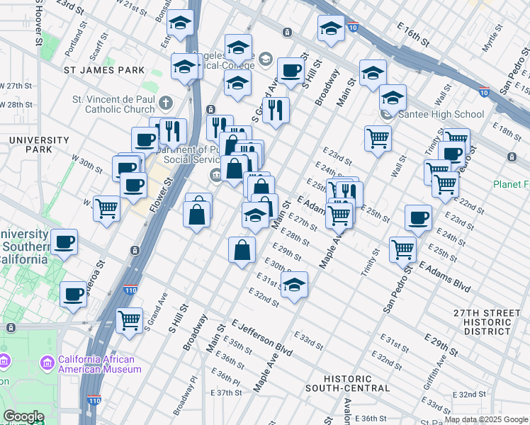 map of restaurants, bars, coffee shops, grocery stores, and more near 2671 South Broadway in Los Angeles