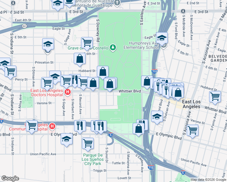 map of restaurants, bars, coffee shops, grocery stores, and more near 4259 Whittier Boulevard in Los Angeles