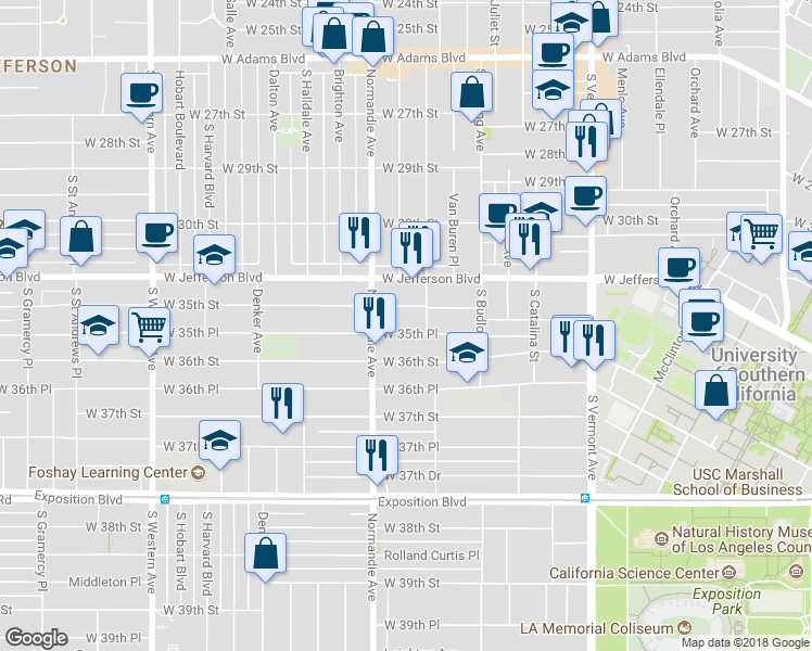 map of restaurants, bars, coffee shops, grocery stores, and more near 1349 West 35th Place in Los Angeles
