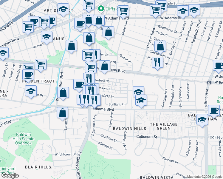 map of restaurants, bars, coffee shops, grocery stores, and more near Clemson Street in Los Angeles