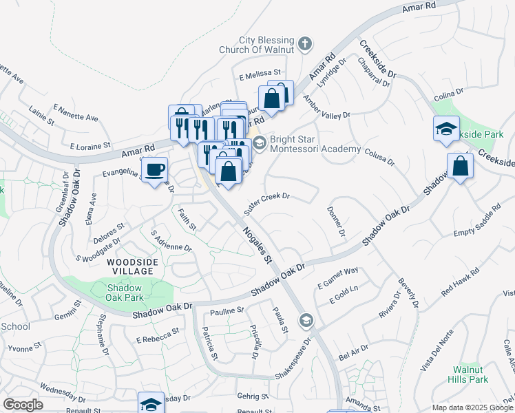 map of restaurants, bars, coffee shops, grocery stores, and more near 18820 Sutter Creek Drive in Walnut