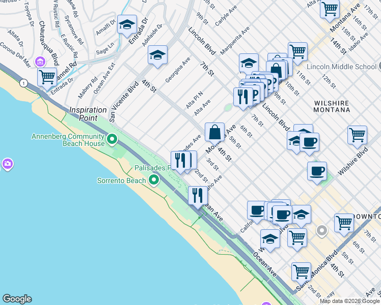 map of restaurants, bars, coffee shops, grocery stores, and more near 222 Palisades Avenue in Santa Monica