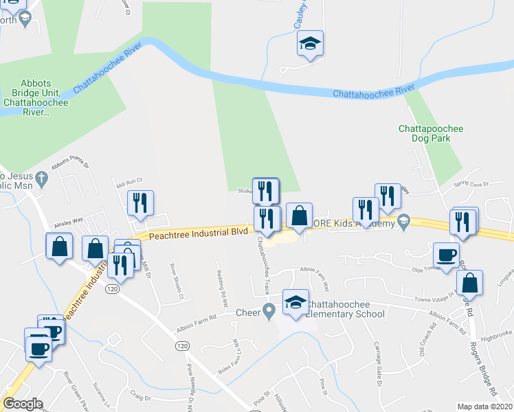 map of restaurants, bars, coffee shops, grocery stores, and more near Shake Rag Rd NW in Duluth