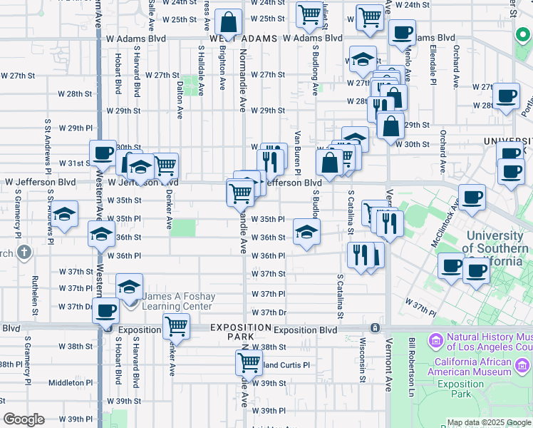 map of restaurants, bars, coffee shops, grocery stores, and more near 1349 West 35th Place in Los Angeles