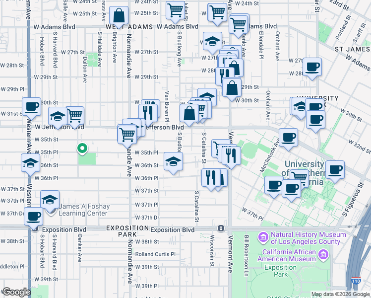 map of restaurants, bars, coffee shops, grocery stores, and more near 3505 Budlong Avenue in Los Angeles