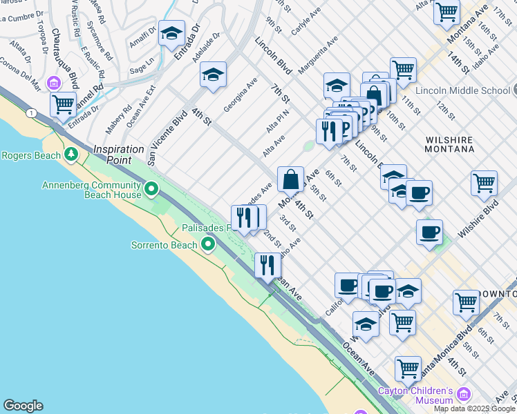 map of restaurants, bars, coffee shops, grocery stores, and more near 222 Palisades Avenue in Santa Monica