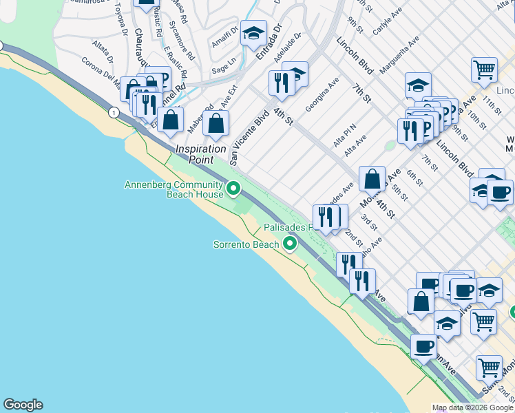 map of restaurants, bars, coffee shops, grocery stores, and more near 443 Palisades Beach Road in Santa Monica