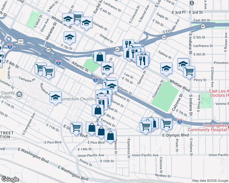 map of restaurants, bars, coffee shops, grocery stores, and more near 3409 Atlantic Street in Los Angeles
