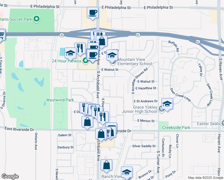 map of restaurants, bars, coffee shops, grocery stores, and more near 2656 South Cedar Ridge Place in Ontario