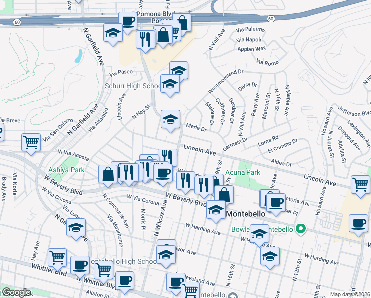 map of restaurants, bars, coffee shops, grocery stores, and more near 2105 San Antonio Drive in Montebello