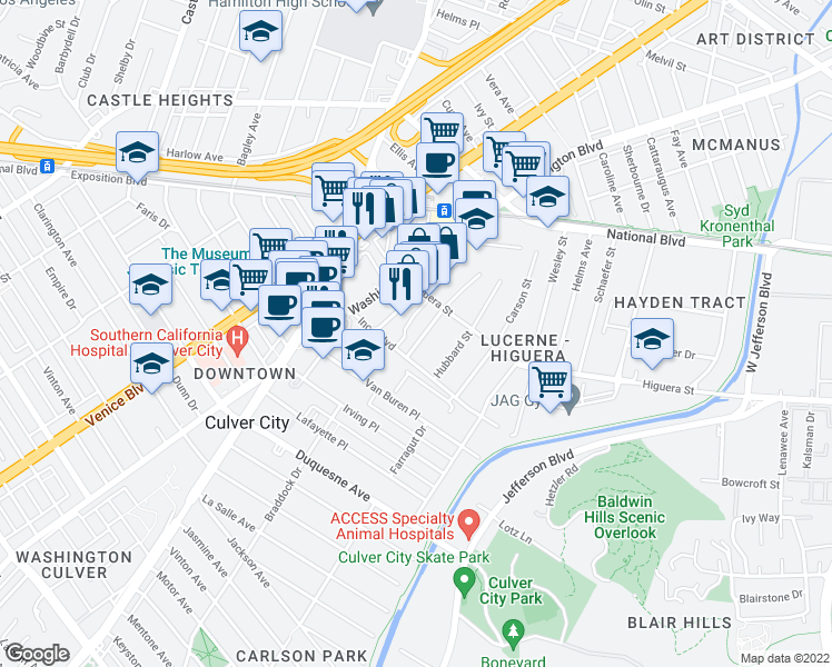 map of restaurants, bars, coffee shops, grocery stores, and more near 9043 1/2 Krueger Street in Culver City