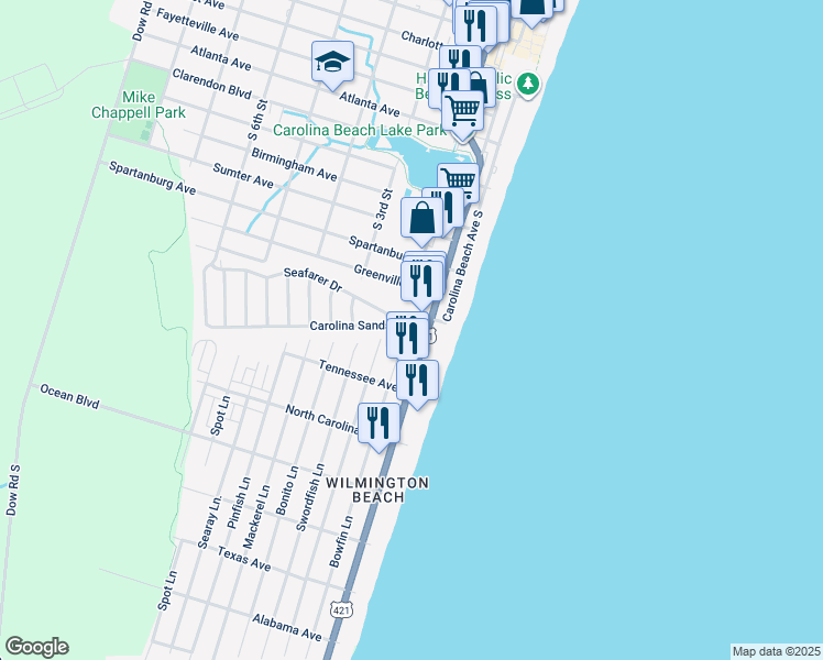 map of restaurants, bars, coffee shops, grocery stores, and more near 103 Carolina Sands Drive in Carolina Beach
