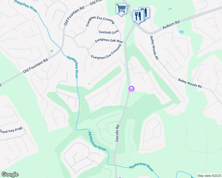 map of restaurants, bars, coffee shops, grocery stores, and more near 930 River Valley Drive in Dacula