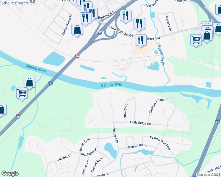 map of restaurants, bars, coffee shops, grocery stores, and more near 2645 Pine Lake Drive in West Columbia