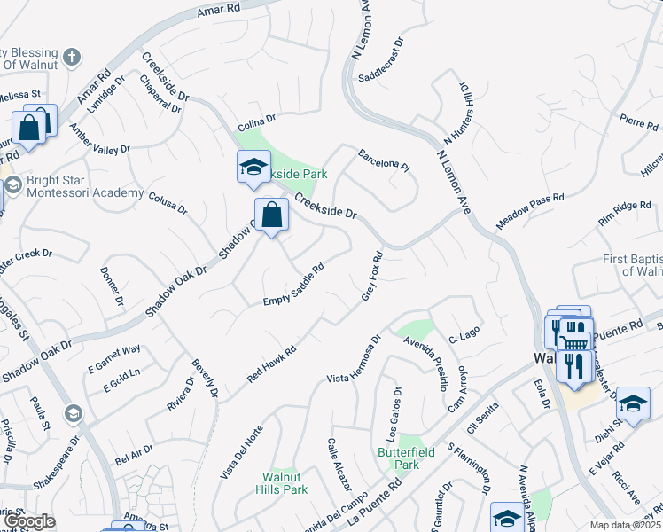 map of restaurants, bars, coffee shops, grocery stores, and more near 19540 Empty Saddle Road in Walnut