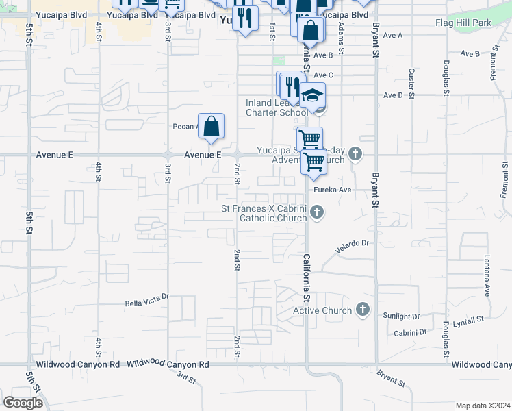 map of restaurants, bars, coffee shops, grocery stores, and more near 12655 2nd Street in Yucaipa