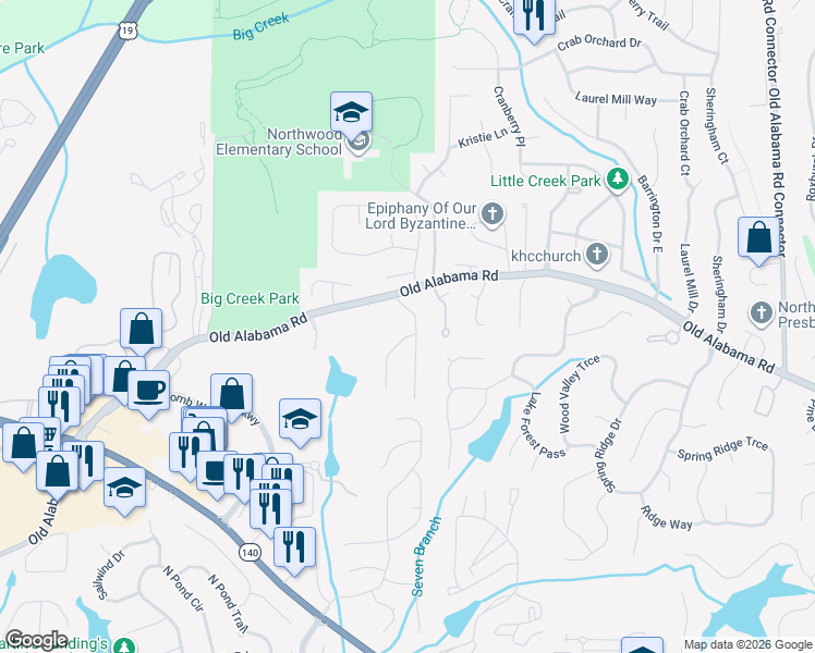 map of restaurants, bars, coffee shops, grocery stores, and more near 500 Ansley Dr in Roswell