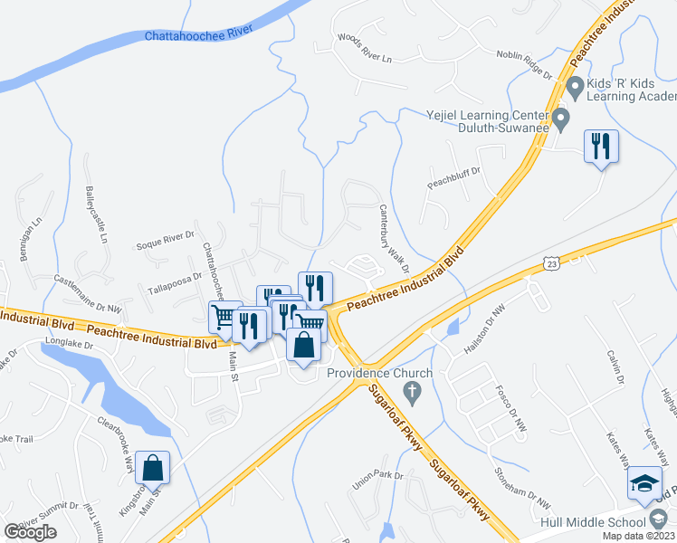 map of restaurants, bars, coffee shops, grocery stores, and more near Sugarloaf Club Lane in Duluth