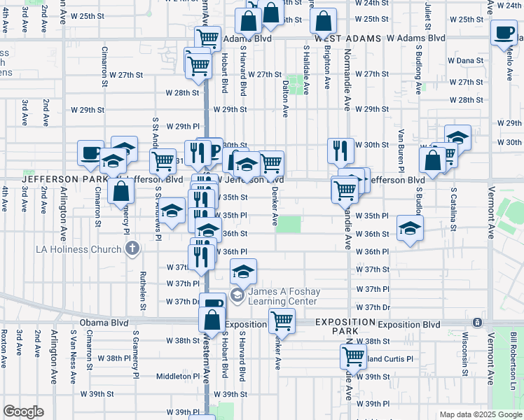 map of restaurants, bars, coffee shops, grocery stores, and more near 1583 West 35th Place in Los Angeles