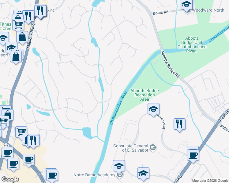 map of restaurants, bars, coffee shops, grocery stores, and more near 3141 Saint Ives Country Club Parkway in Duluth