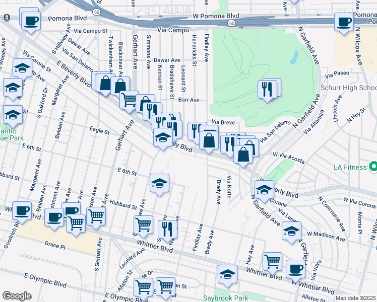 map of restaurants, bars, coffee shops, grocery stores, and more near 3320 West Beverly Boulevard in Montebello