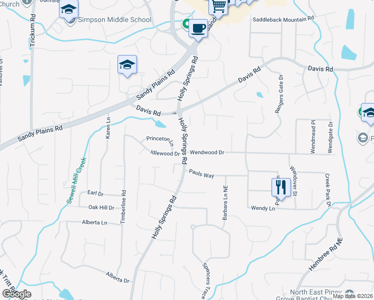 map of restaurants, bars, coffee shops, grocery stores, and more near 3047 Holly Springs Road in Marietta