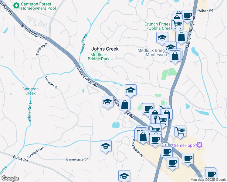 map of restaurants, bars, coffee shops, grocery stores, and more near 608 Goldsmith Court in Johns Creek