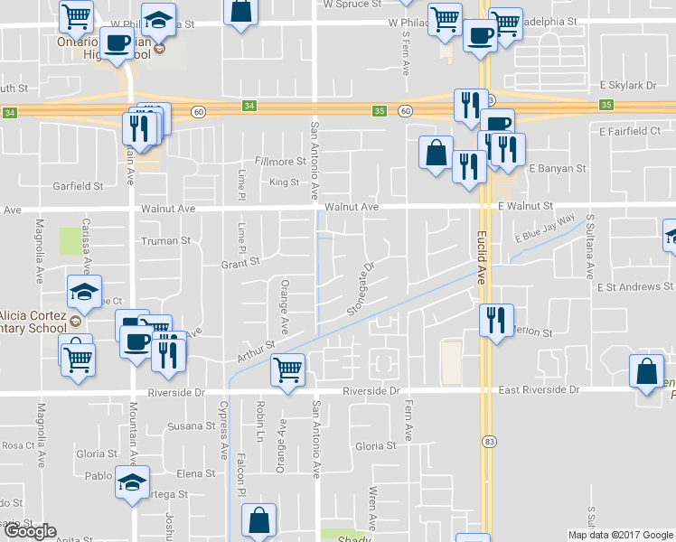 map of restaurants, bars, coffee shops, grocery stores, and more near 6754 Pierce Court in Chino