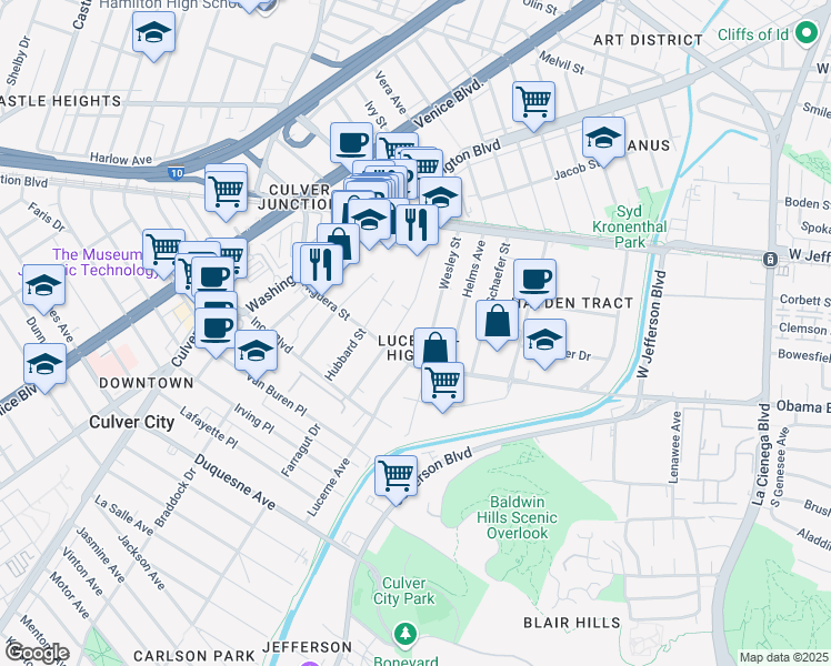 map of restaurants, bars, coffee shops, grocery stores, and more near 4194 Higuera Street in Culver City