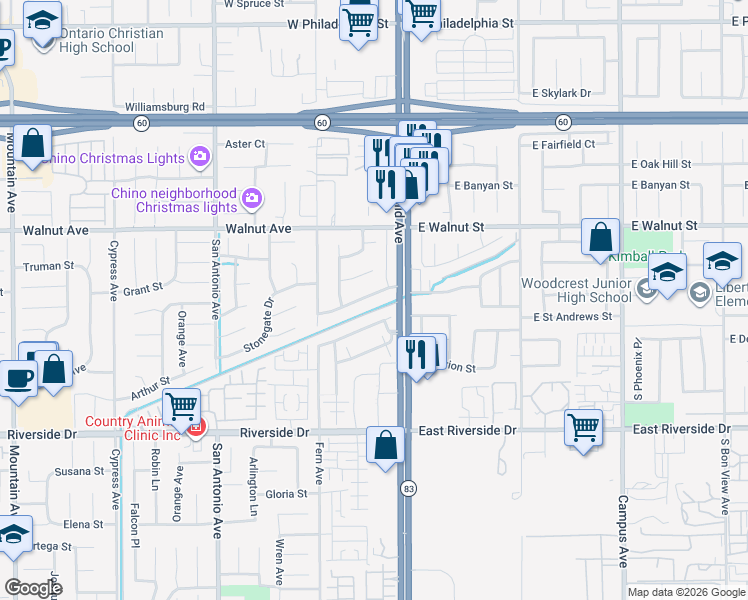 map of restaurants, bars, coffee shops, grocery stores, and more near 127 West Cormorant Drive in Ontario